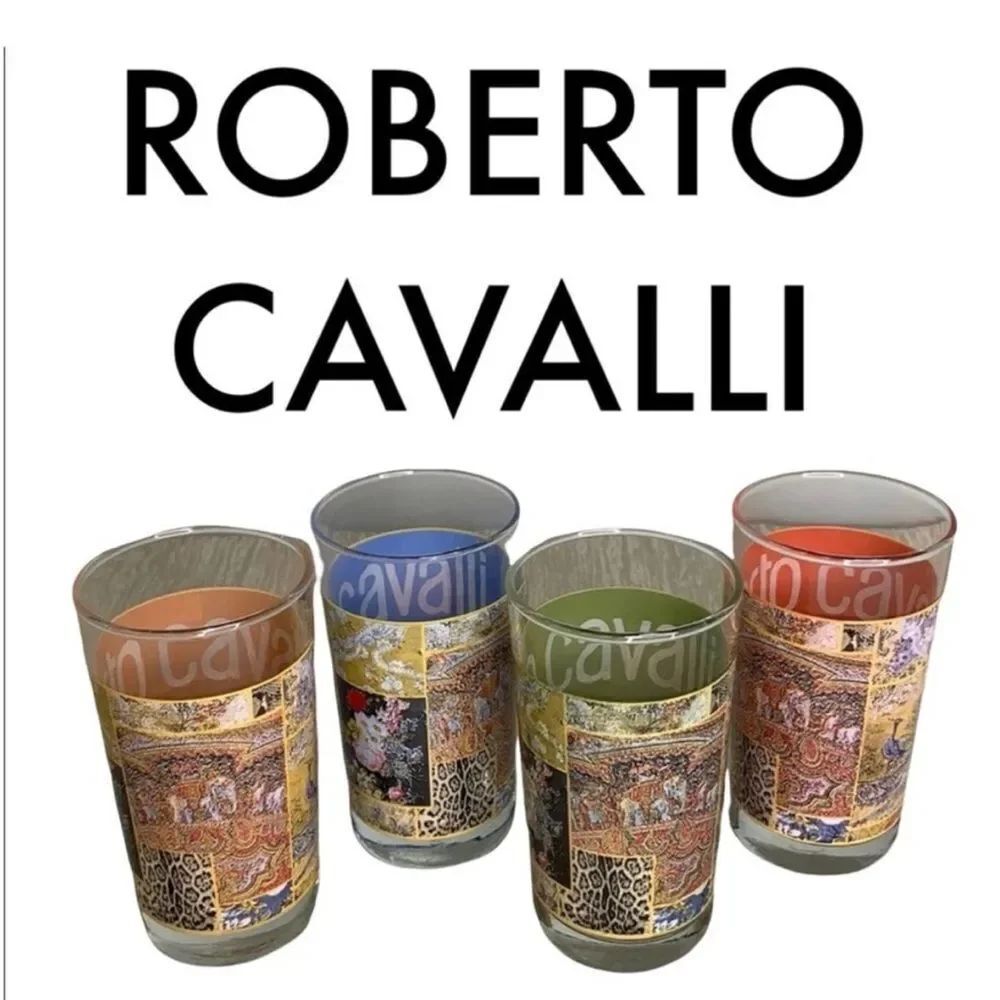 ROBERTO CAVALLI For Neiman Marcus Drinking Glass Set Of 4 ~French Toile Collage